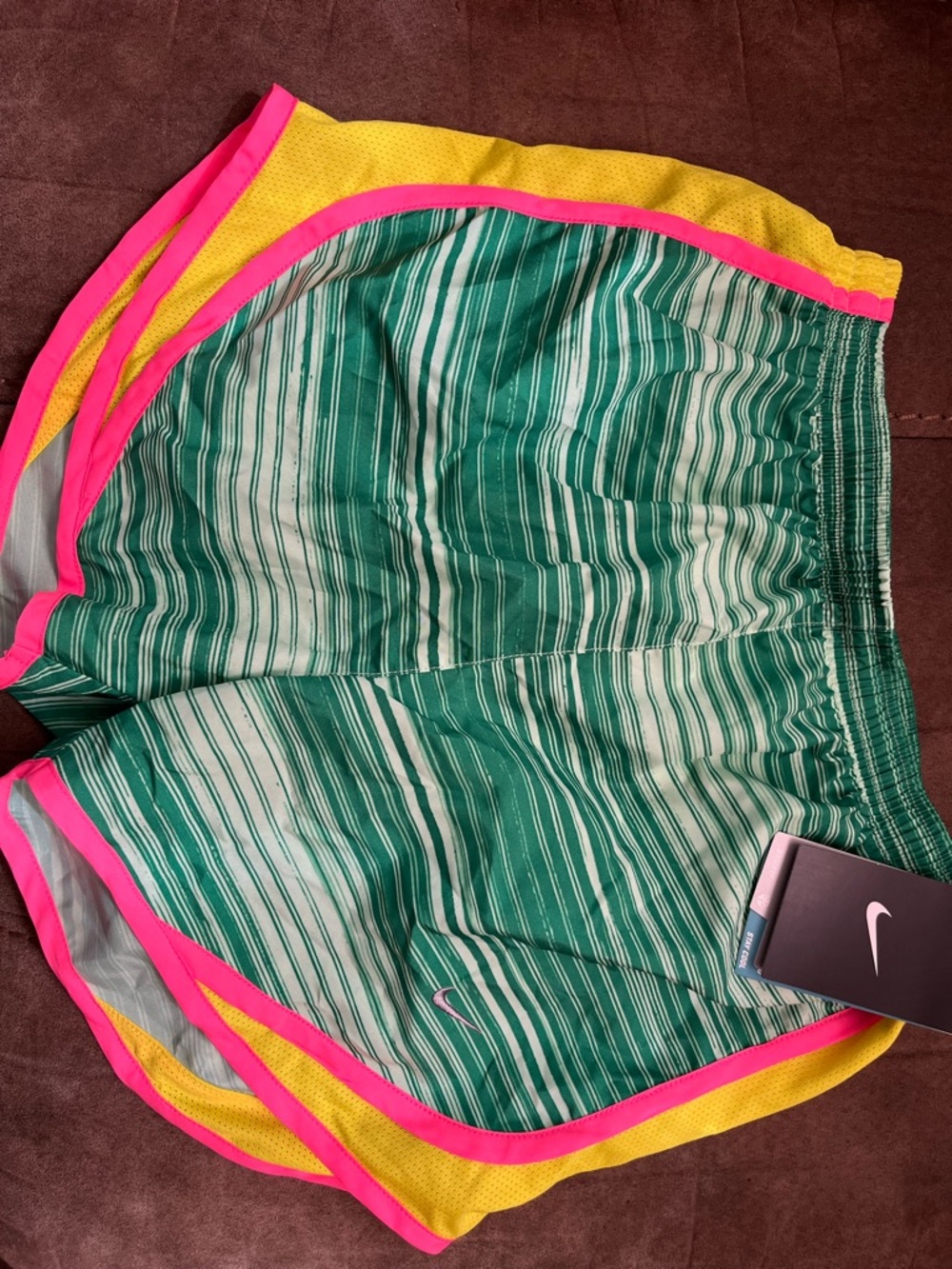 Nike Green Striped Running Shorts with Pink & Yellow Accents